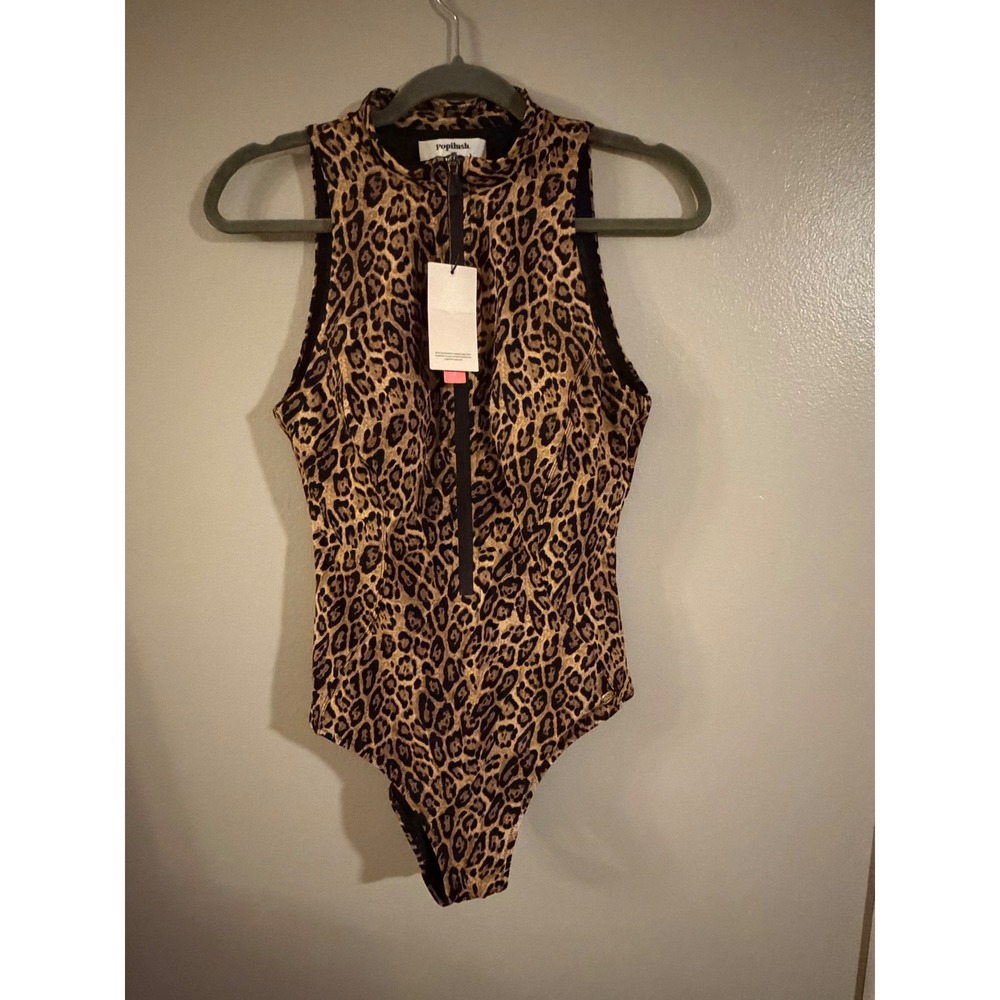 Popilush Leopard Print Shapewear Bodysuit Sleeveless Mock Neck Zip Front Medium